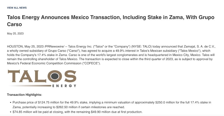 ¿Qué es el yacimiento Zama del que Carlos Slim compró una participación en Talos? 0