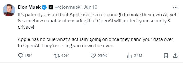 Elon Musk califica a Apple Intelligence como una amenaza 2