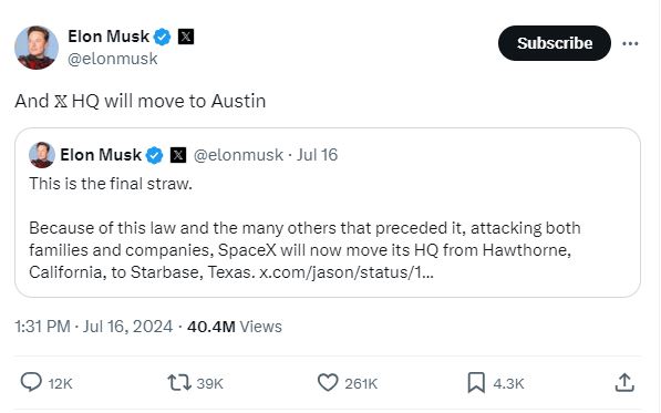 Elon Musk trasladará la sede de SpaceX y X de San Francisco a Texas 0